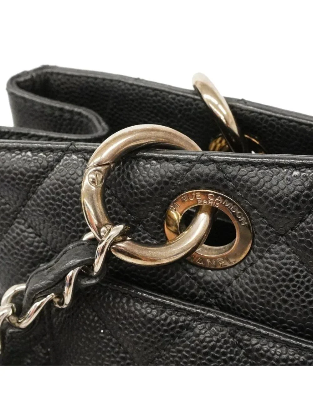 Chanel Chain Tote Quilted Caviar Leather Black Silver